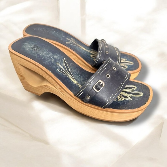 Vintage Y2K Navy Slide Sandals wooden heel wedge 8 Fairycore tropical summer - Picture 1 of 7